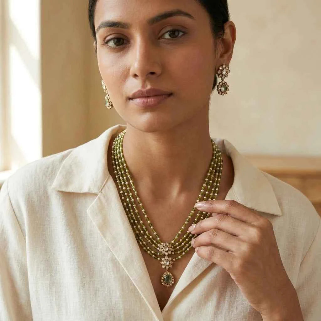 Green Beaded Layered Necklace Set with Earrings for Women | Floral Pendant Designer Jewellery - GEHNA OFFICIAL