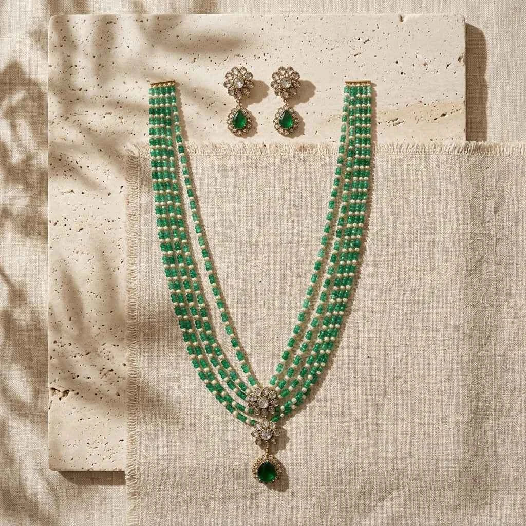 green beaded layered necklace set with earrings for women | designer bridal & party jewellery - gehna official