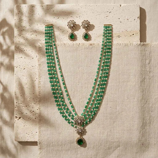 Green Beaded Layered Necklace Set with Earrings for Women | Designer Bridal & Party Jewellery - GEHNA OFFICIAL