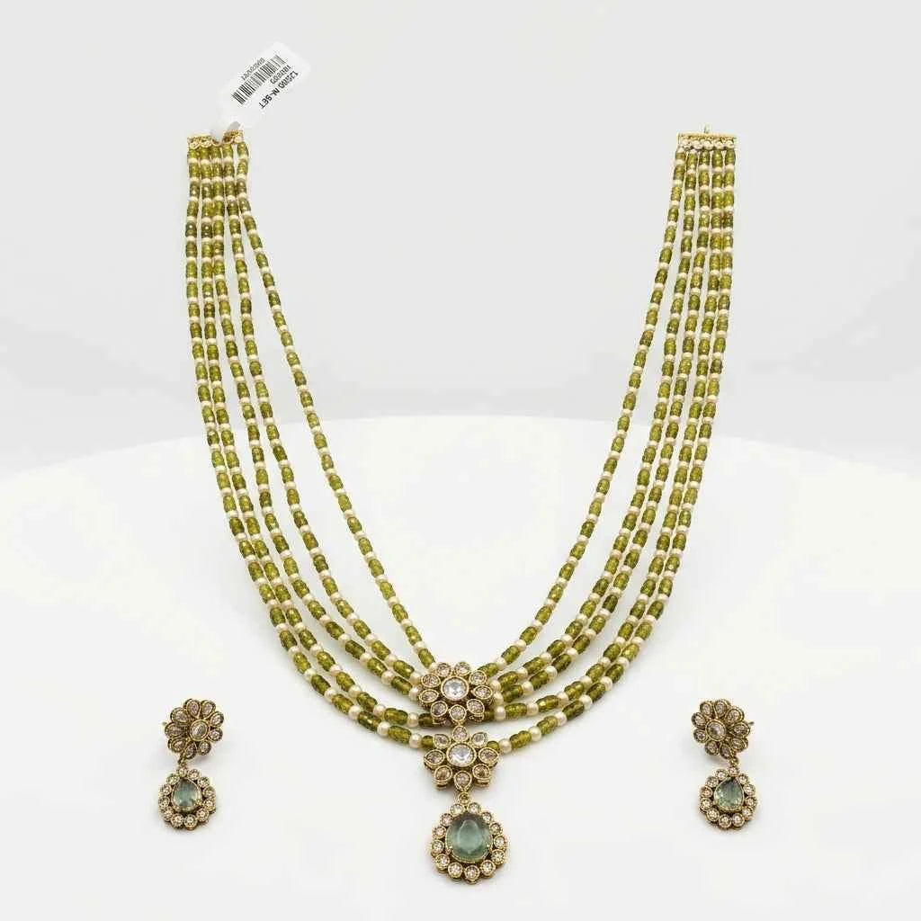Green Beaded Layered Necklace Set with Earrings for Women | Floral Pendant Designer Jewellery - GEHNA OFFICIAL