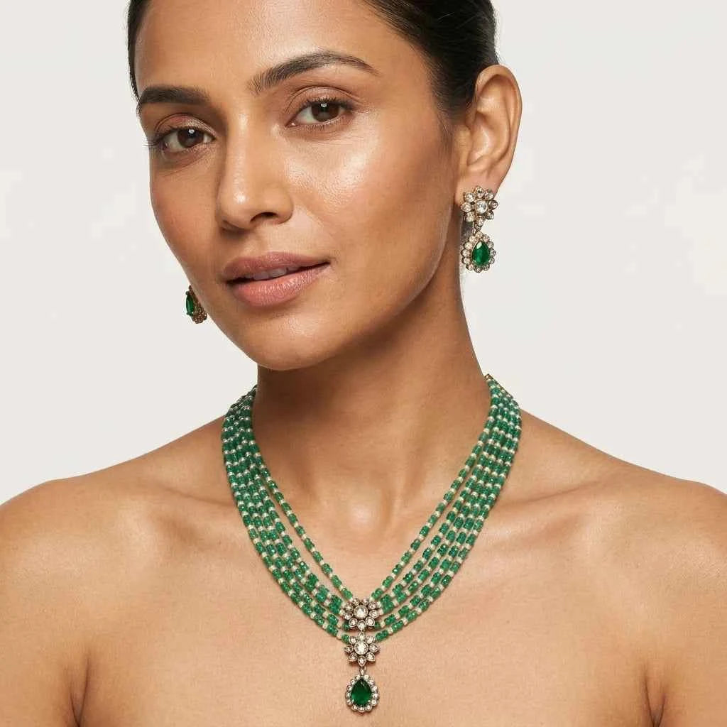 Green Beaded Layered Necklace Set with Earrings for Women | Designer Bridal & Party Jewellery - GEHNA OFFICIAL
