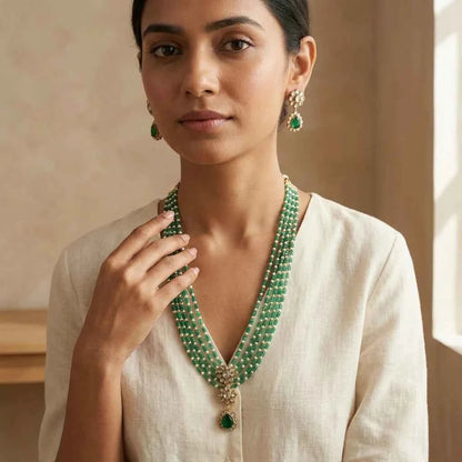 Green Beaded Layered Necklace Set with Earrings for Women | Designer Bridal & Party Jewellery - GEHNA OFFICIAL