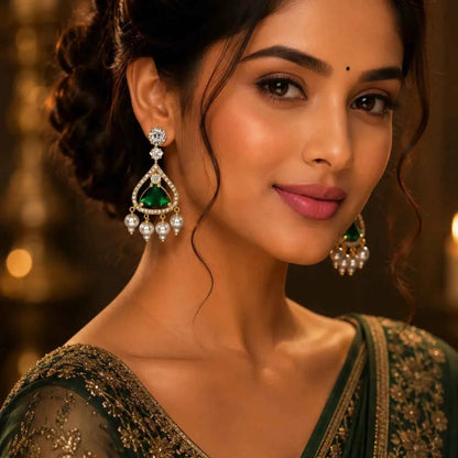 Royal Emerald Green Stone Pearl Drop Earrings for Women | American Diamond Party Wear Earrings - GEHNA OFFICIAL