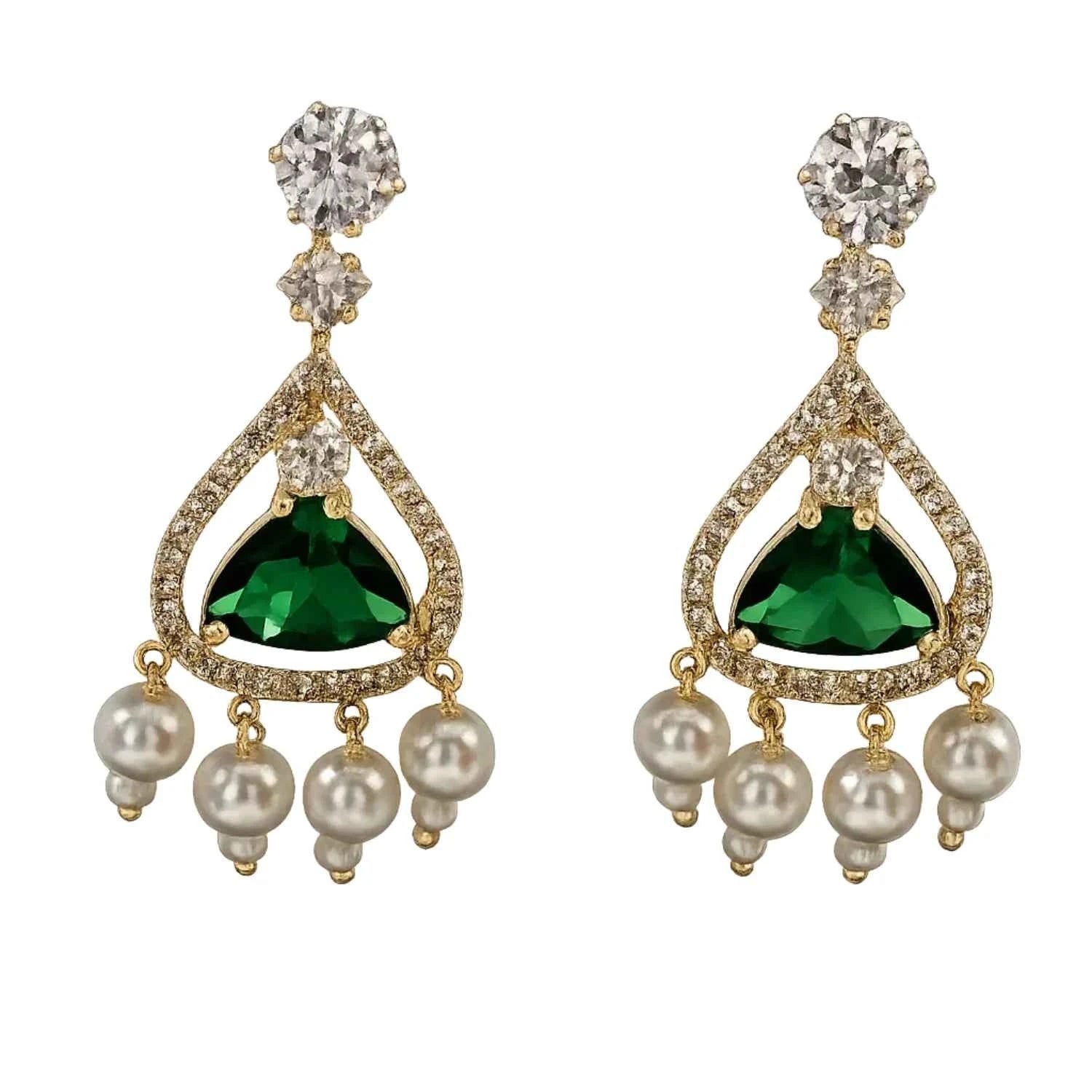 Royal Emerald Green Stone Pearl Drop Earrings for Women | American Diamond Party Wear Earrings - GEHNA OFFICIAL