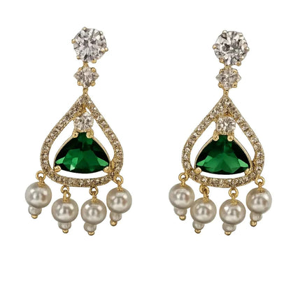 Royal Emerald Green Stone Pearl Drop Earrings for Women | American Diamond Party Wear Earrings - GEHNA OFFICIAL