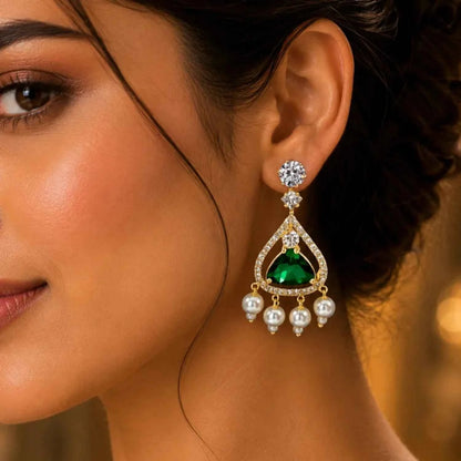 Royal Emerald Green Stone Pearl Drop Earrings for Women | American Diamond Party Wear Earrings - GEHNA OFFICIAL