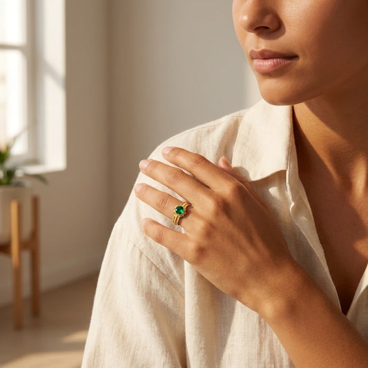 Green Stone Gold Plated Ring for Women | Classic Designer Ring