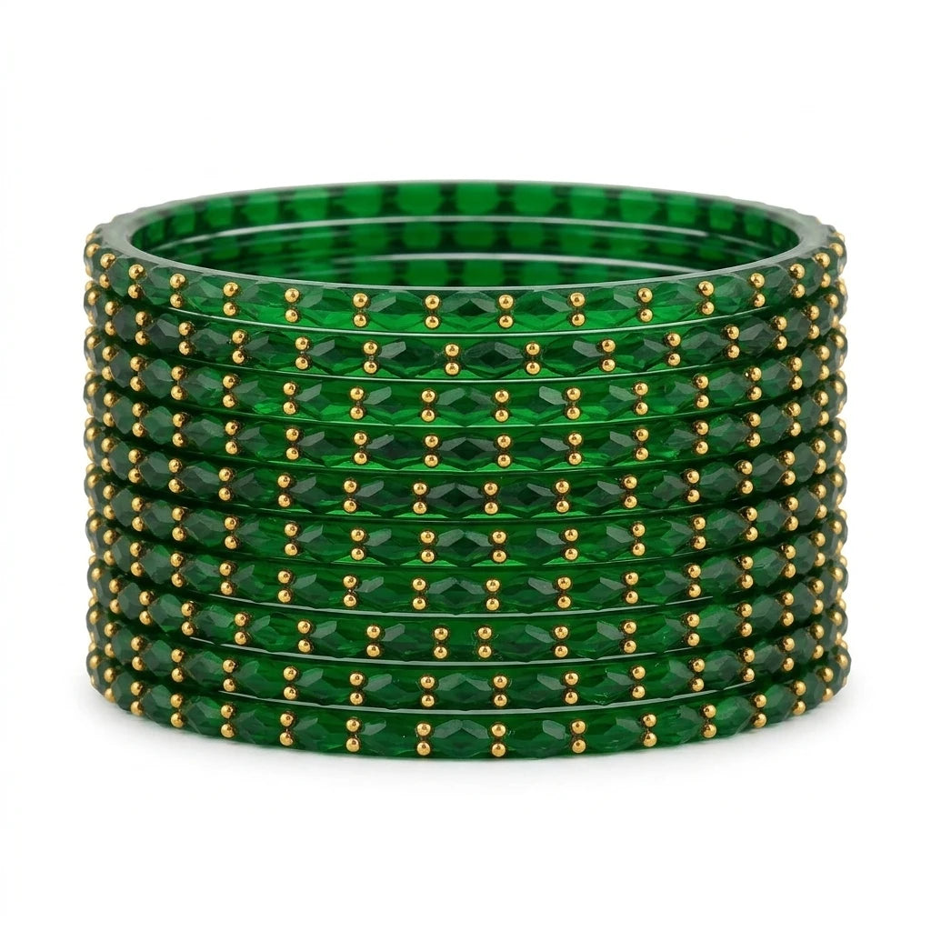 raindrop glass bangles with golden beads, traditional indian glass chudi set