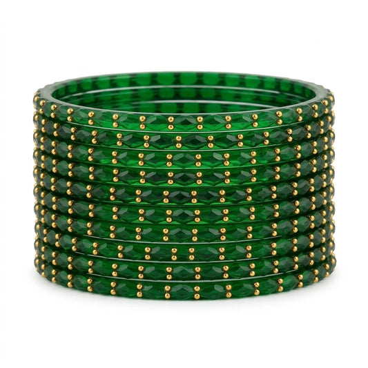 Raindrop Glass Bangles With Golden Beads, Traditional Indian Glass Chudi Set