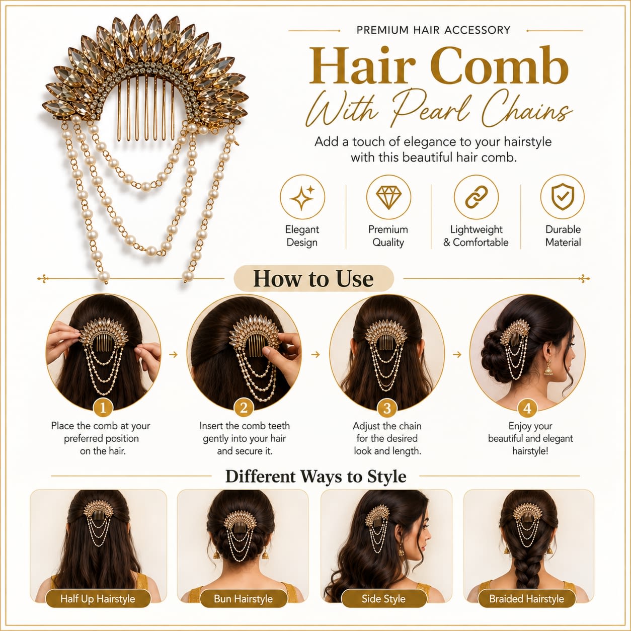 golden crystal pearl bridal hair comb with hanging pearl chains
