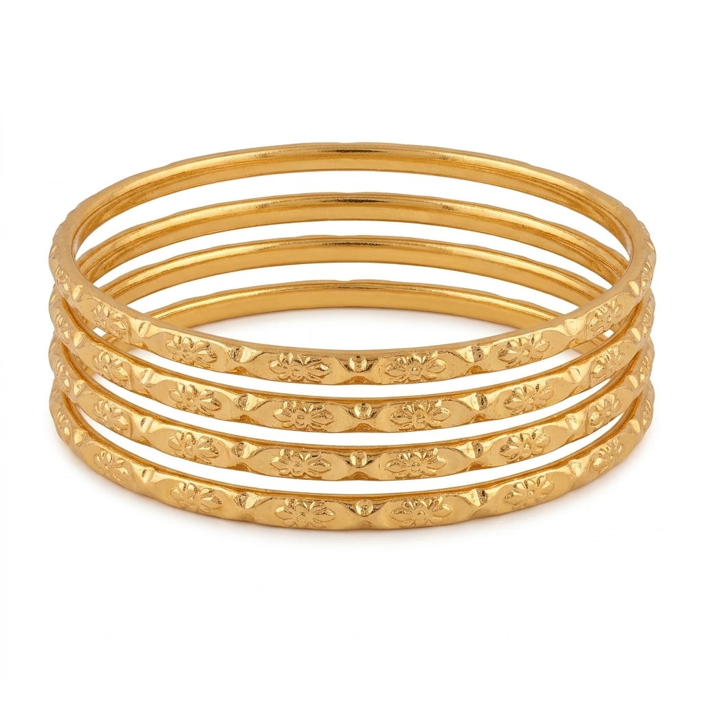 Heritage Floral Gold Finish Slim Bangles Set for Women, Set of 4
