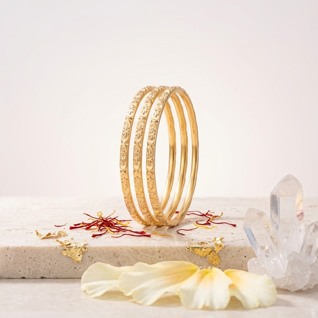 Heritage Floral Gold Finish Slim Bangles Set for Women, Set of 4