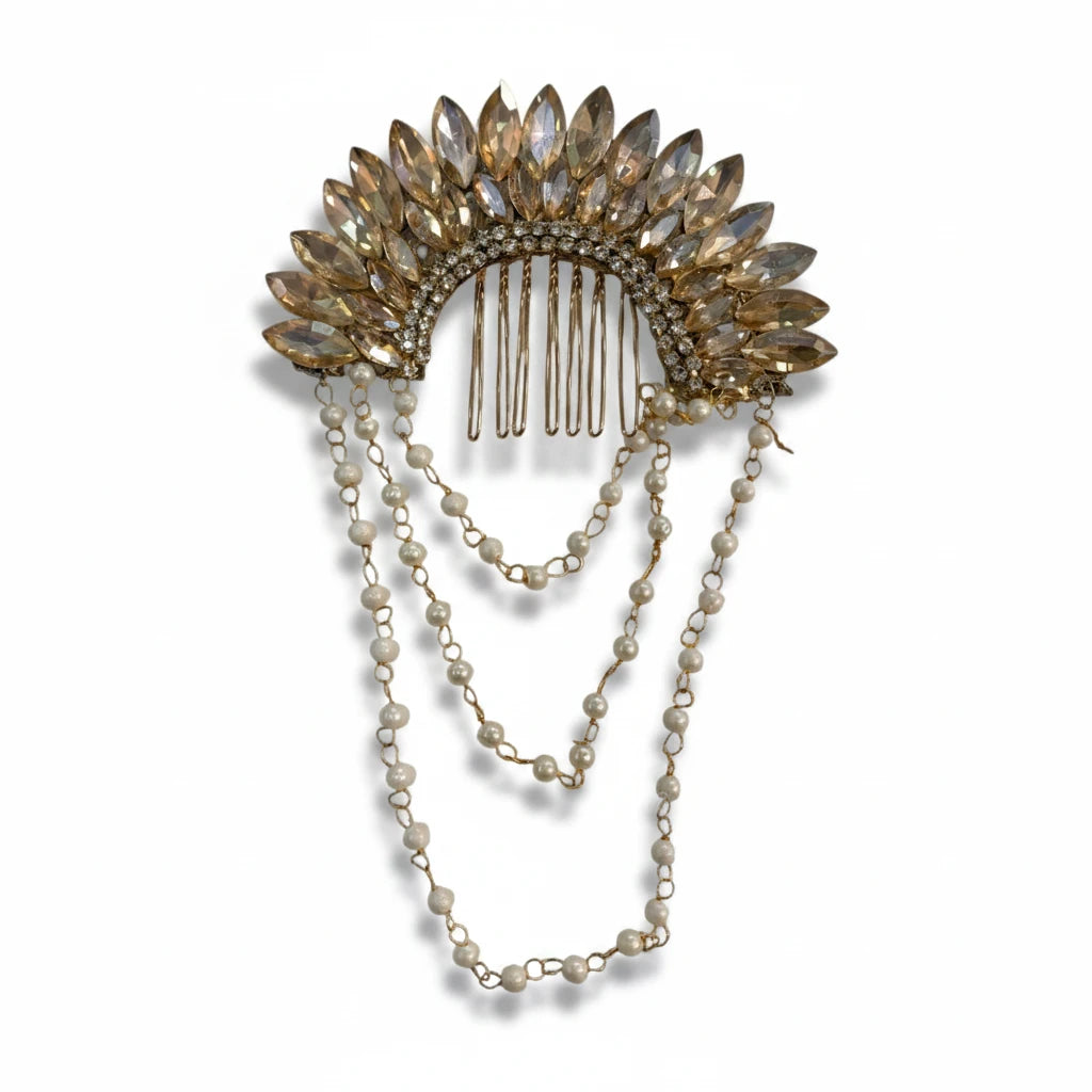 golden crystal pearl bridal hair comb with hanging pearl chains