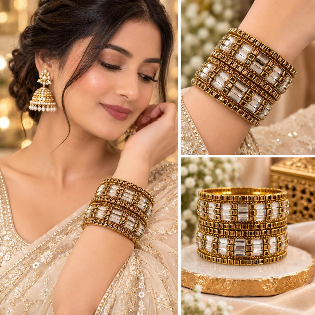 Elevate Your Style with Our Gold Kundan Bangles Set - Stunning 6 Piece Pack for Women