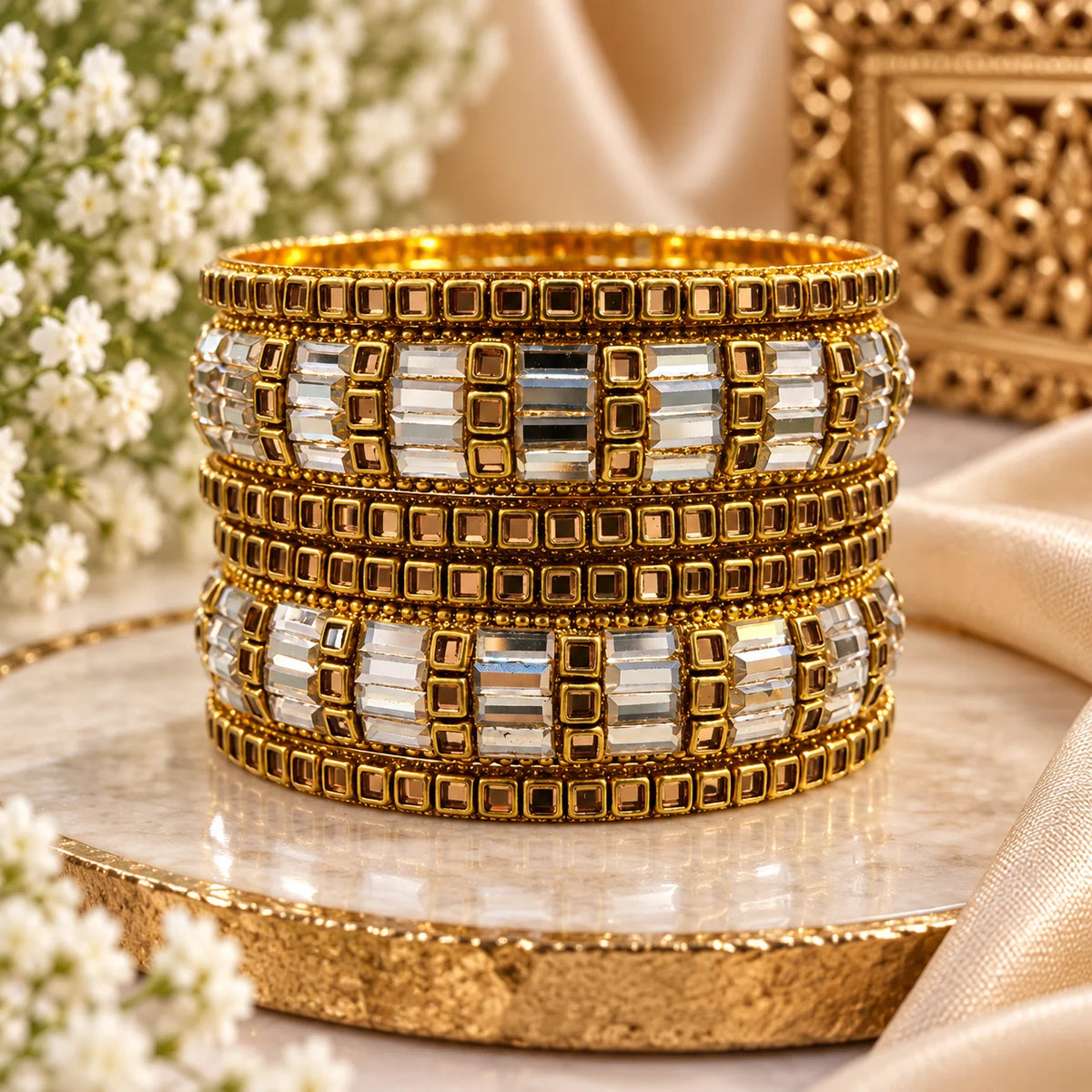 Elevate Your Style with Our Gold Kundan Bangles Set - Stunning 6 Piece Pack for Women