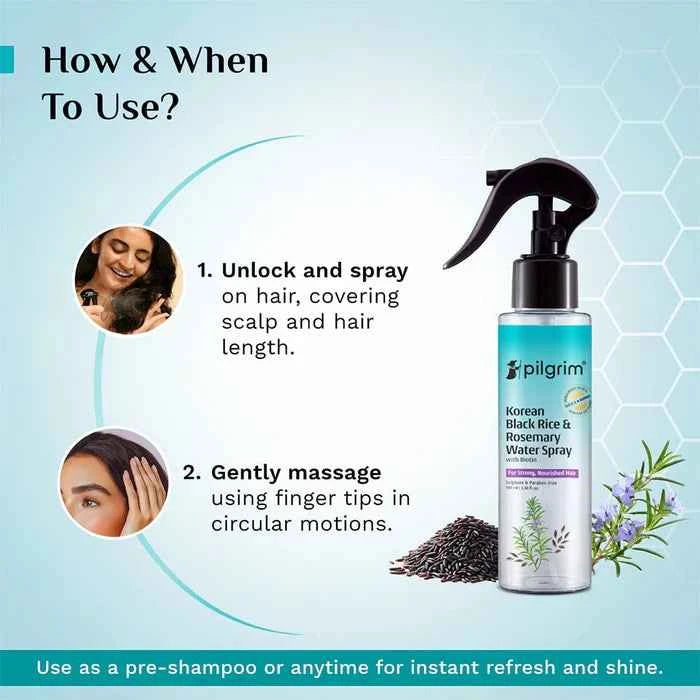 pilgrim korean black rice & rosemary water spray with biotin | hair growth & scalp care spray | sulphate free hair mist | strong & nourished hair