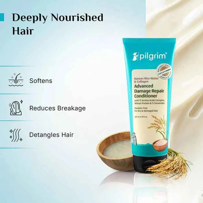 pilgrim korean rice water & collagen advanced damage repair conditioner | with 17 amino acids complex, wheat protein & 5 ceramides | for dry & damaged hair | 200ml