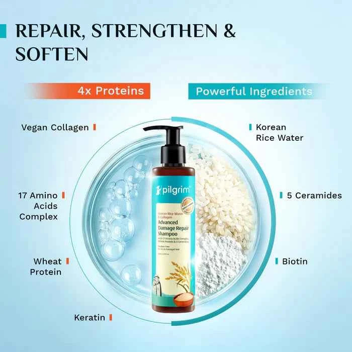 pilgrim korean rice water & collagen advanced damage repair shampoo | with 17 amino acids complex, wheat protein & 5 ceramides | for dry & damaged hair | 200ml