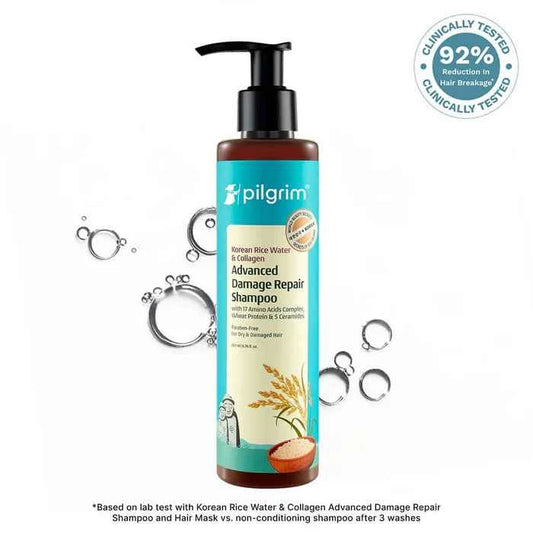 Pilgrim Korean Rice Water & Collagen Advanced Damage Repair Shampoo | With 17 Amino Acids Complex, Wheat Protein & 5 Ceramides | For Dry & Damaged Hair | 200ml