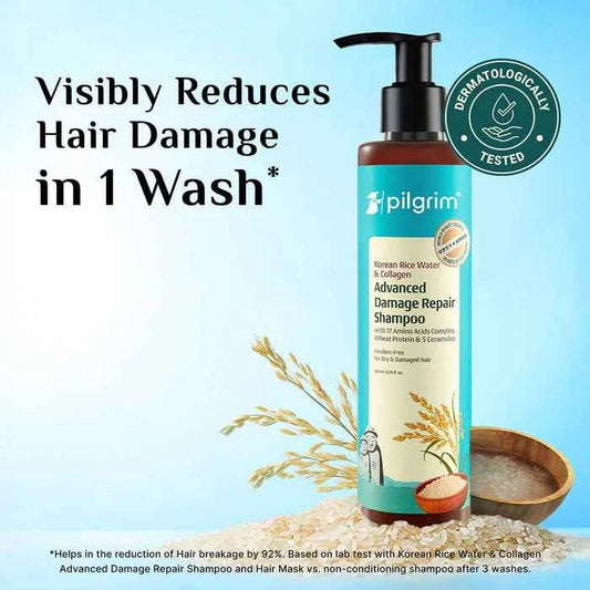 Pilgrim Korean Rice Water & Collagen Advanced Damage Repair Shampoo | With 17 Amino Acids Complex, Wheat Protein & 5 Ceramides | For Dry & Damaged Hair | 200ml