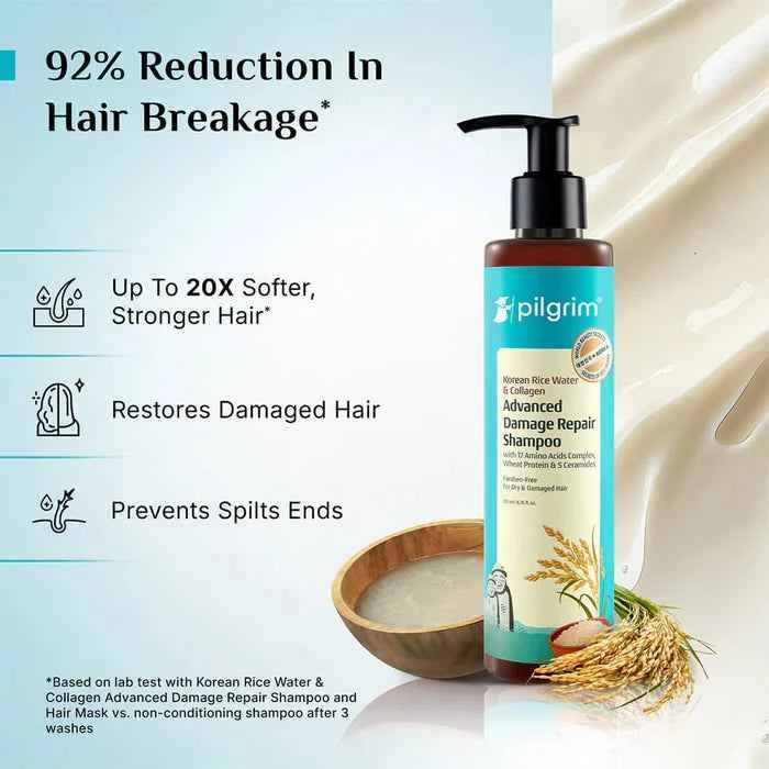 Pilgrim Korean Rice Water & Collagen Advanced Damage Repair Shampoo | With 17 Amino Acids Complex, Wheat Protein & 5 Ceramides | For Dry & Damaged Hair | 200ml