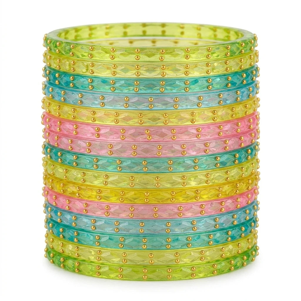 Raindrop Glass Bangles With Golden Beads, Traditional Indian Glass Chudi Set