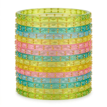 Raindrop Glass Bangles With Golden Beads, Traditional Indian Glass Chudi Set