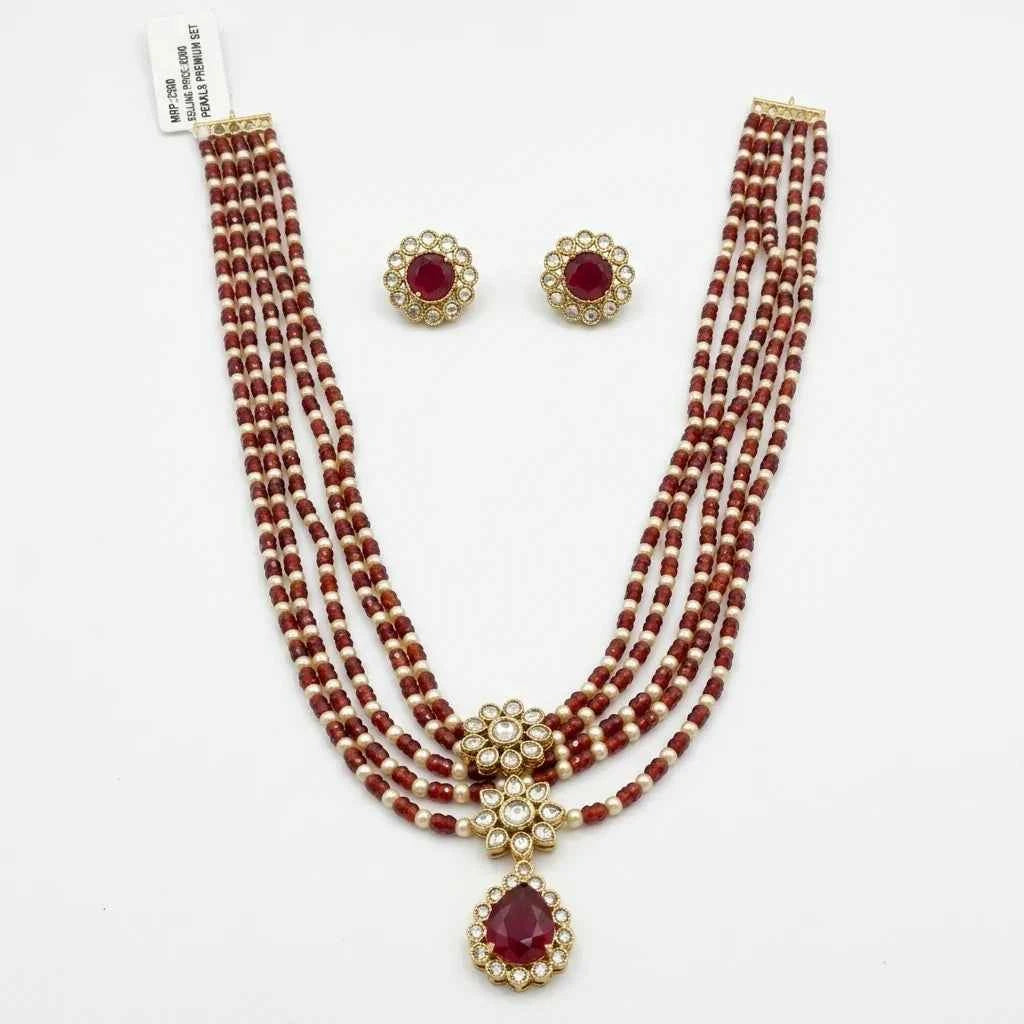 Maroon Beaded Layered Necklace Set with Earrings for Women | Floral Pendant Designer Jewellery - GEHNA OFFICIAL