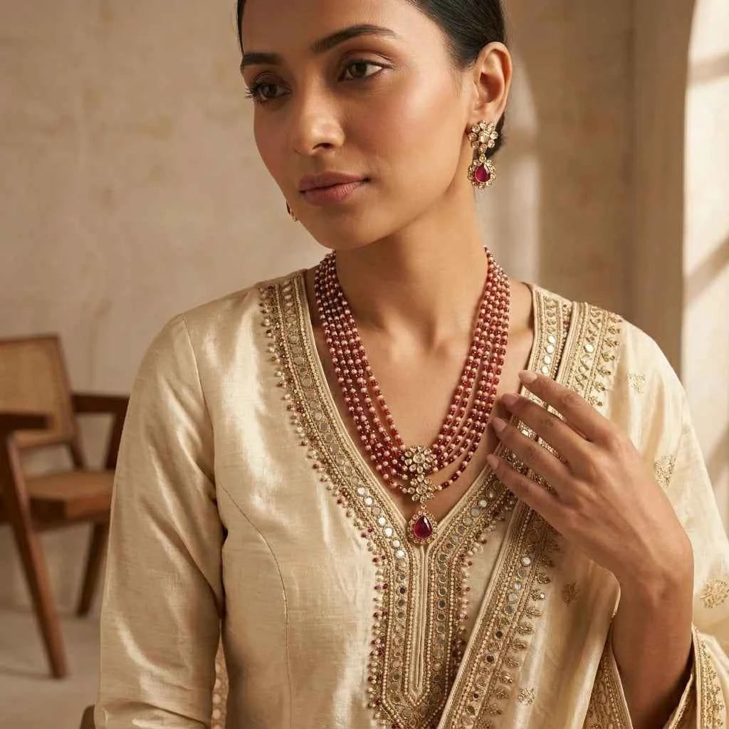 Maroon Beaded Layered Necklace Set with Earrings for Women | Floral Pendant Designer Jewellery - GEHNA OFFICIAL