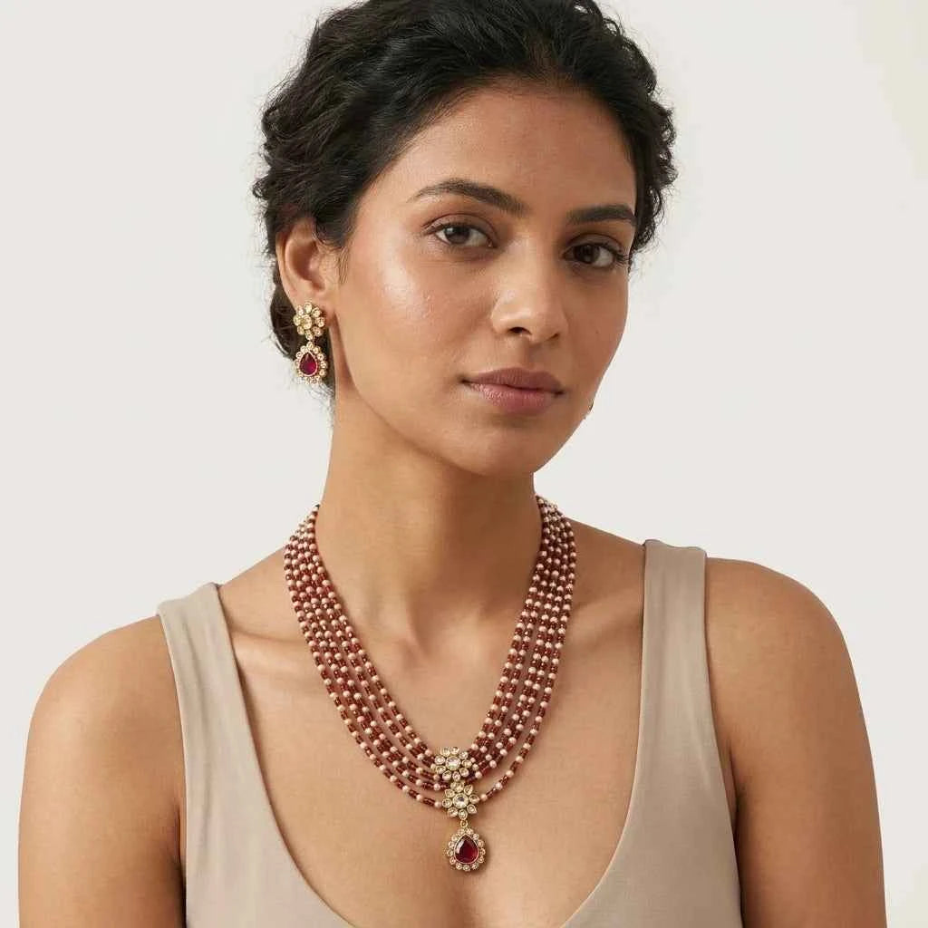 Maroon Beaded Layered Necklace Set with Earrings for Women | Floral Pendant Designer Jewellery - GEHNA OFFICIAL