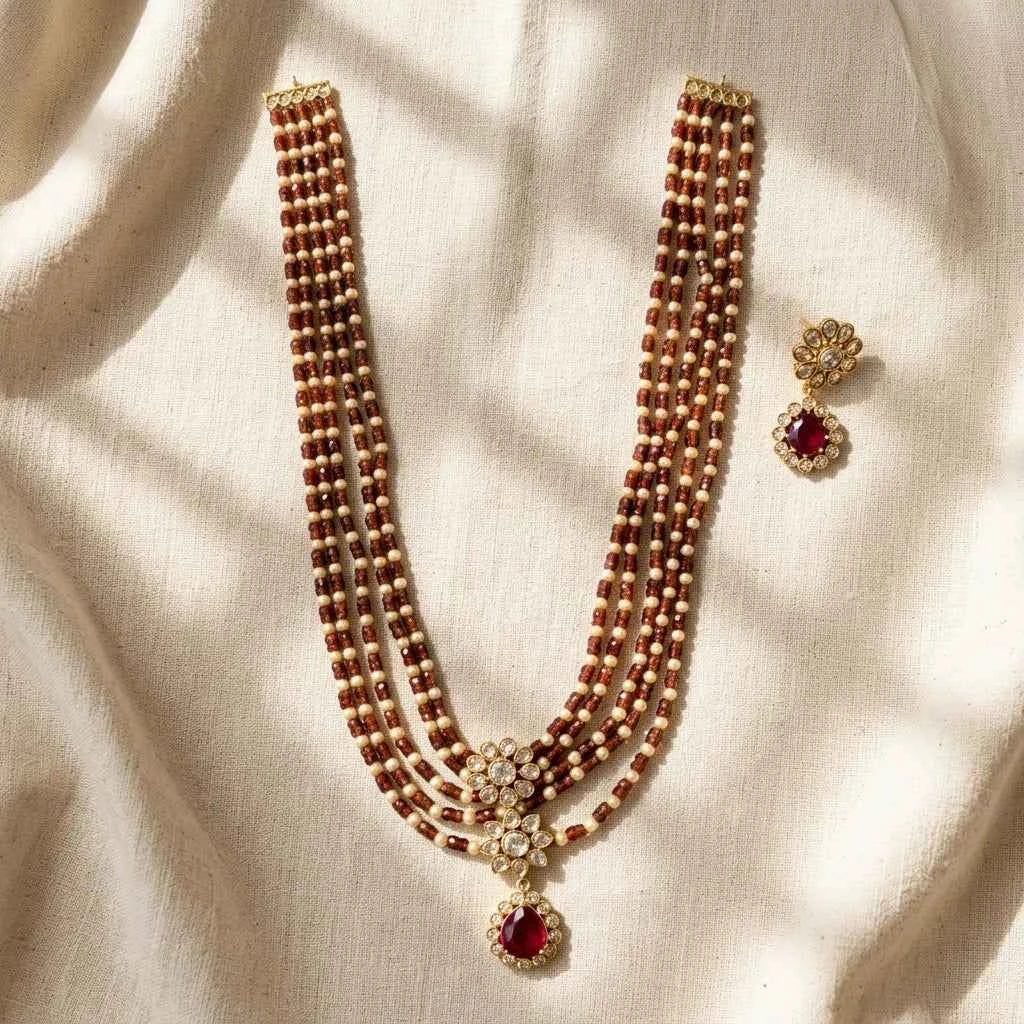 Maroon Beaded Layered Necklace Set with Earrings for Women | Floral Pendant Designer Jewellery - GEHNA OFFICIAL