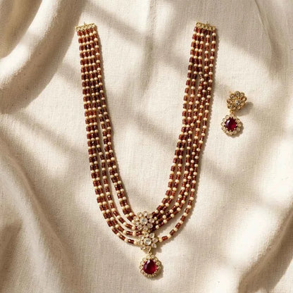 Maroon Beaded Layered Necklace Set with Earrings for Women | Floral Pendant Designer Jewellery