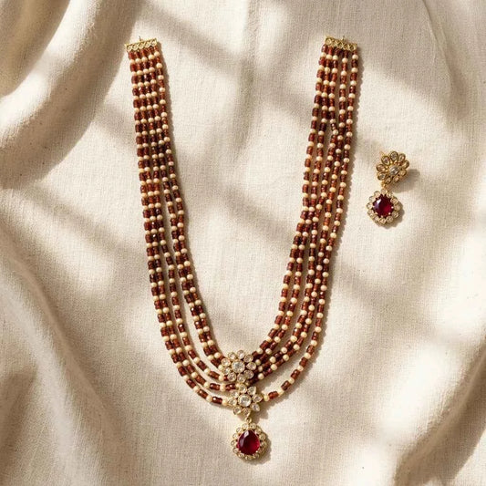 Maroon Beaded Layered Necklace Set with Earrings for Women | Floral Pendant Designer Jewellery