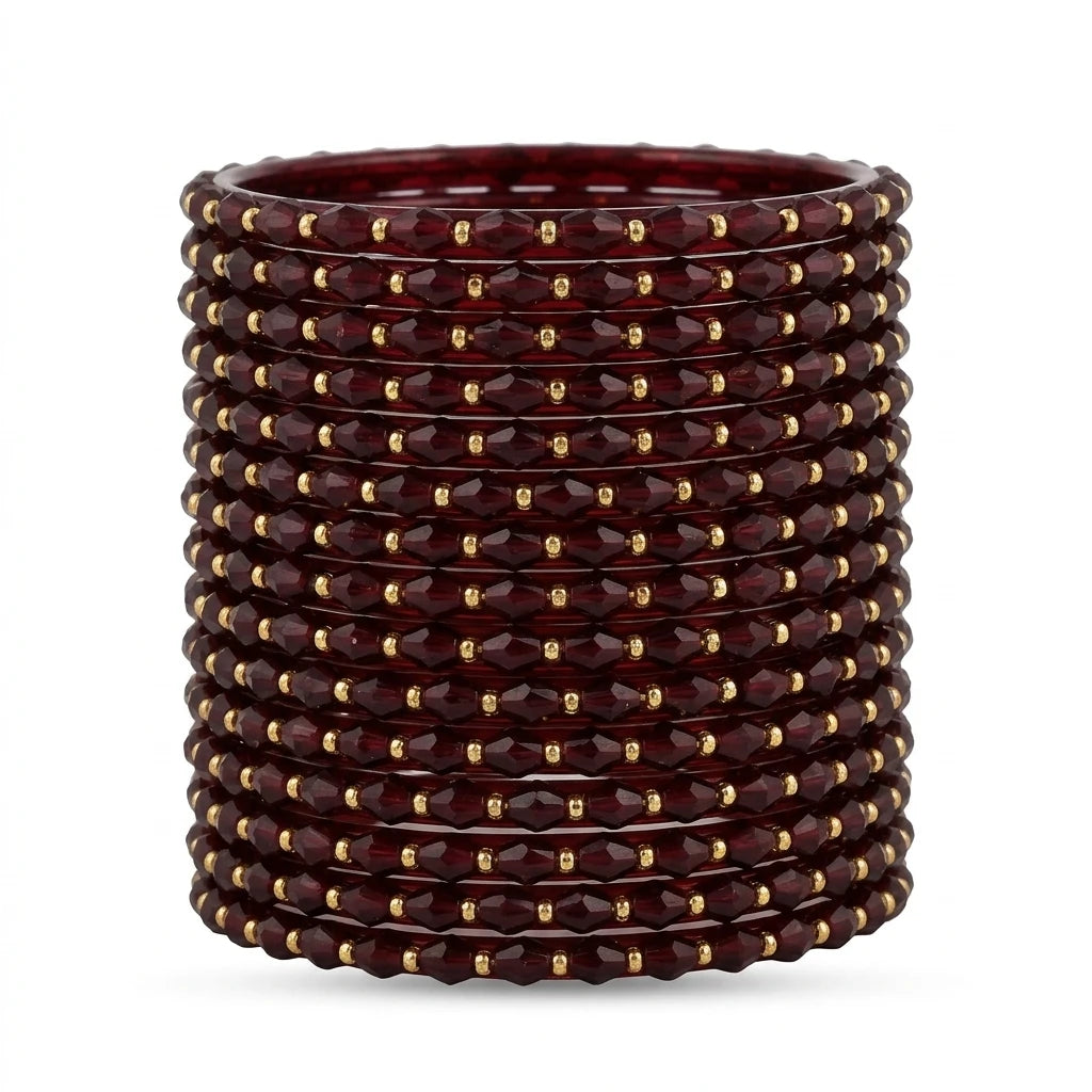 Raindrop Glass Bangles With Golden Beads, Traditional Indian Glass Chudi Set