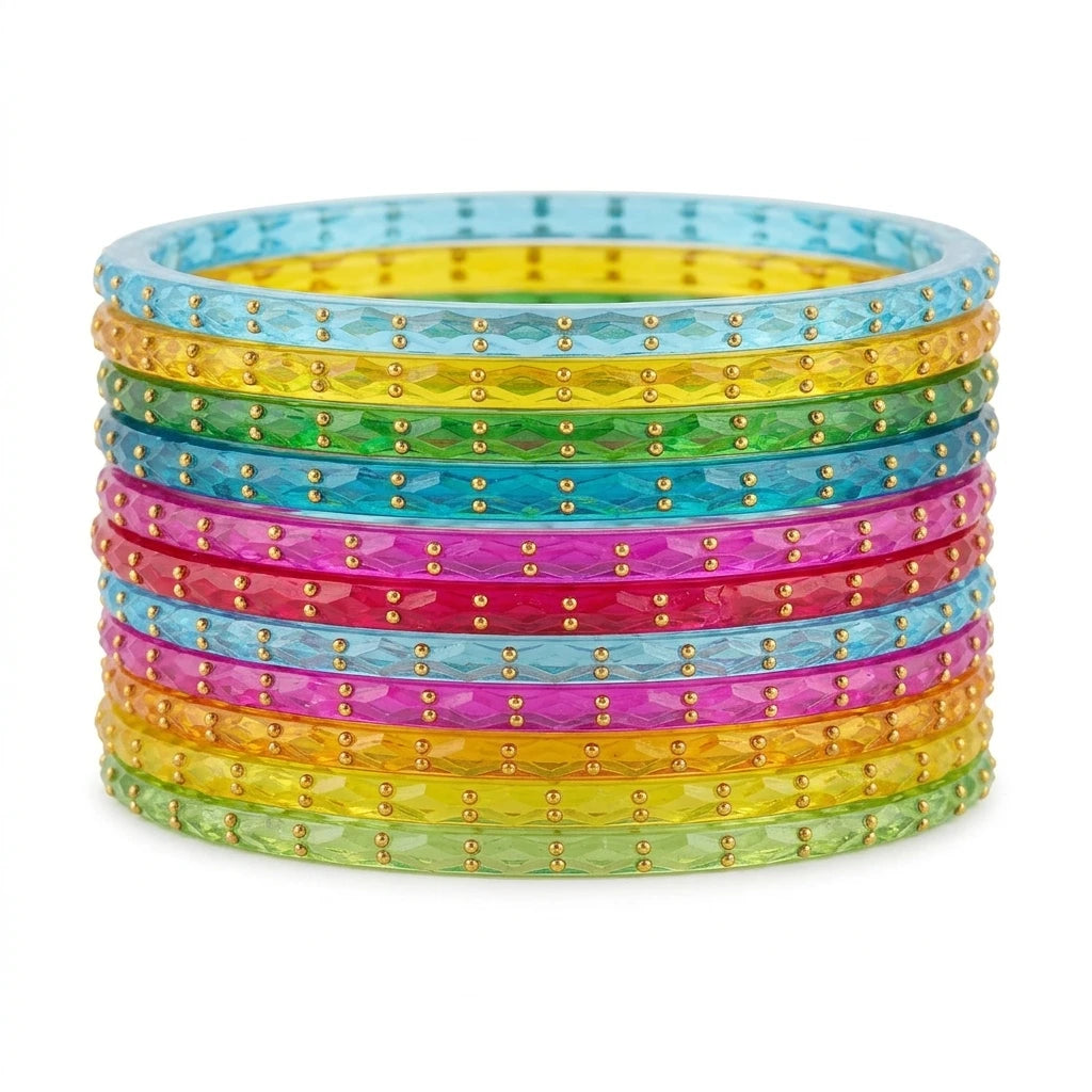 Raindrop Glass Bangles With Golden Beads, Traditional Indian Glass Chudi Set