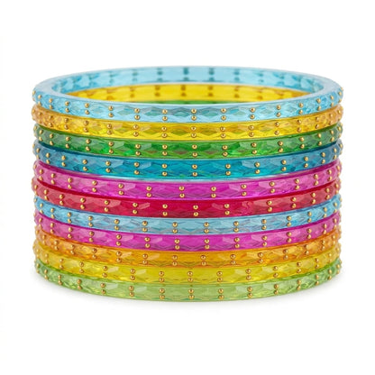 Raindrop Glass Bangles With Golden Beads, Traditional Indian Glass Chudi Set