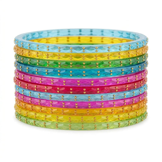 Raindrop Glass Bangles With Golden Beads, Traditional Indian Glass Chudi Set