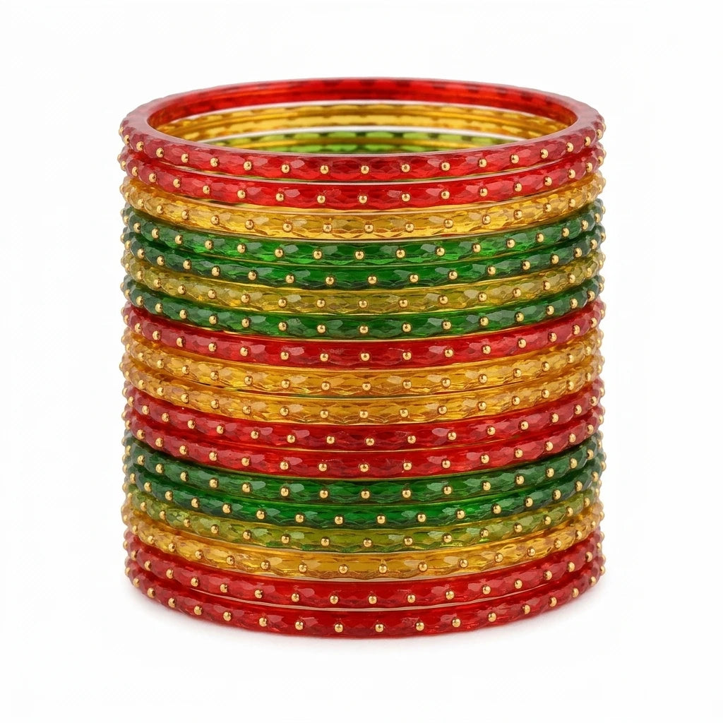 Raindrop Glass Bangles With Golden Beads, Traditional Indian Glass Chudi Set