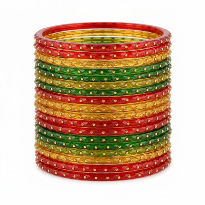 Raindrop Glass Bangles With Golden Beads, Traditional Indian Glass Chudi Set