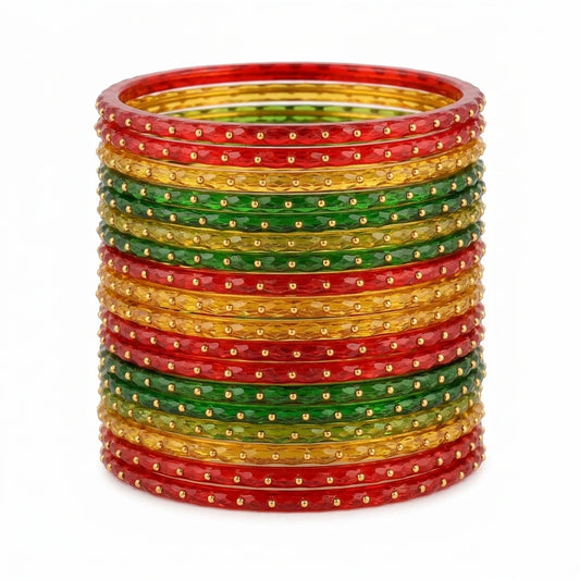 Raindrop Glass Bangles With Golden Beads, Traditional Indian Glass Chudi Set