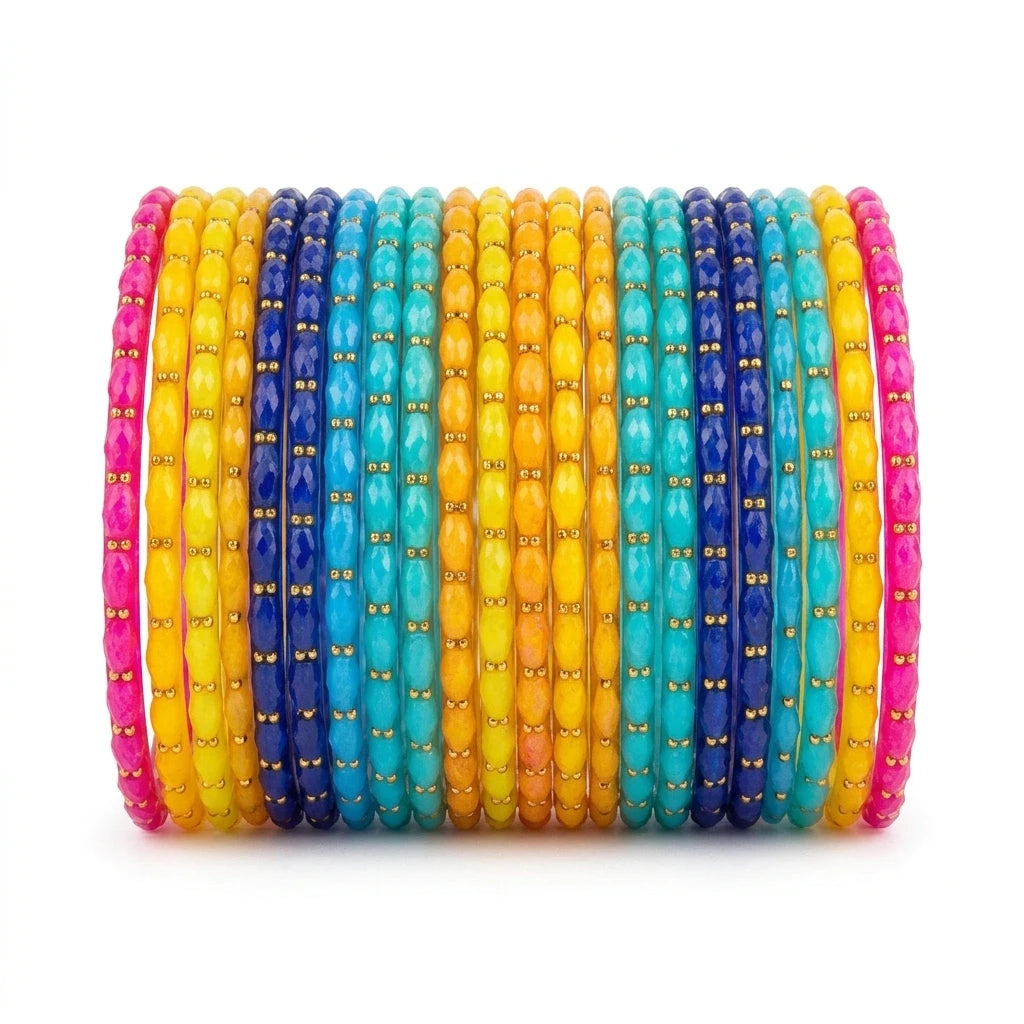 raindrop glass bangles with golden beads, traditional indian glass chudi set
