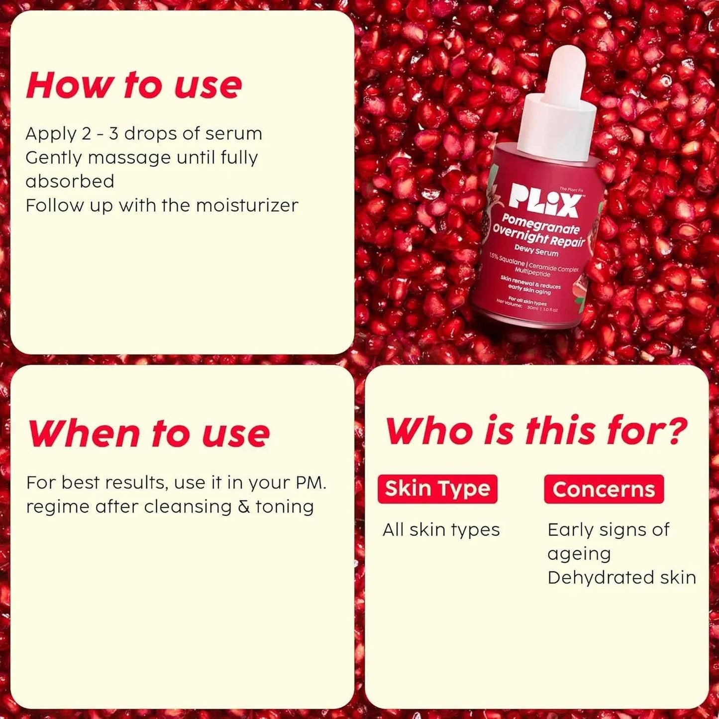 plix pomegranate overnight repair dewy serum | squalane, ceramide complex & multi peptide | anti-wrinkle & night skin renewal - gehna official