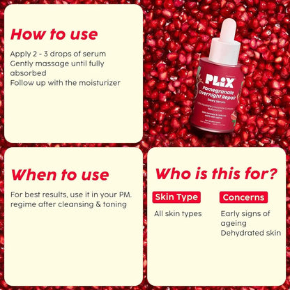 PLIX Pomegranate Overnight Repair Dewy Serum | Squalane, Ceramide Complex & Multi Peptide | Anti-Wrinkle & Night Skin Renewal - GEHNA OFFICIAL