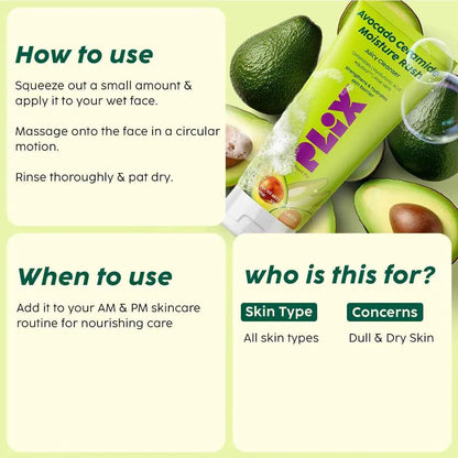 PLIX Avocado Ceramide Moisture Rush Cleanser – Gentle Hydrating Face Wash (100ml) - GEHNA OFFICIAL