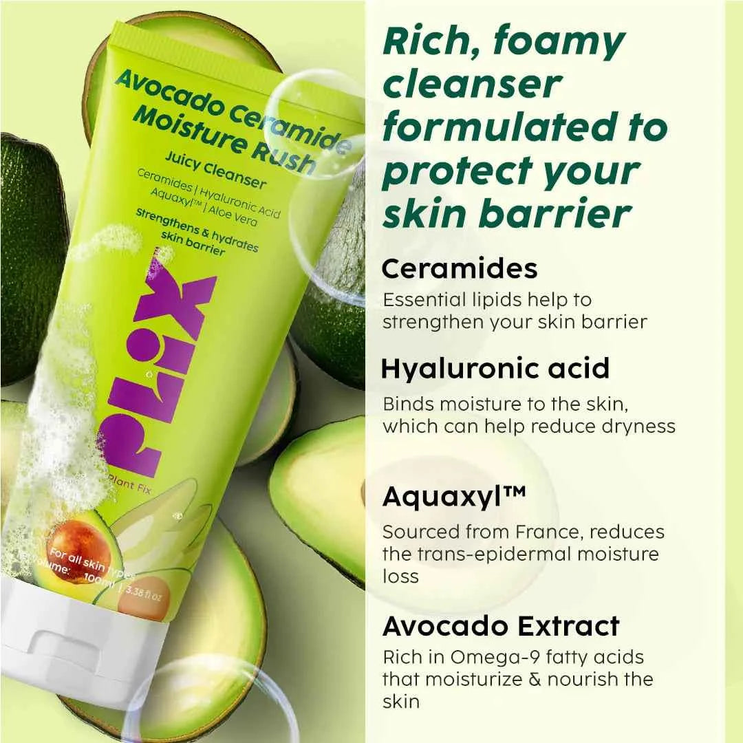 plix avocado ceramide moisture rush cleanser – gentle hydrating face wash (100ml) - gehna official