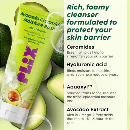 PLIX Avocado Ceramide Moisture Rush Cleanser – Gentle Hydrating Face Wash (100ml) - GEHNA OFFICIAL