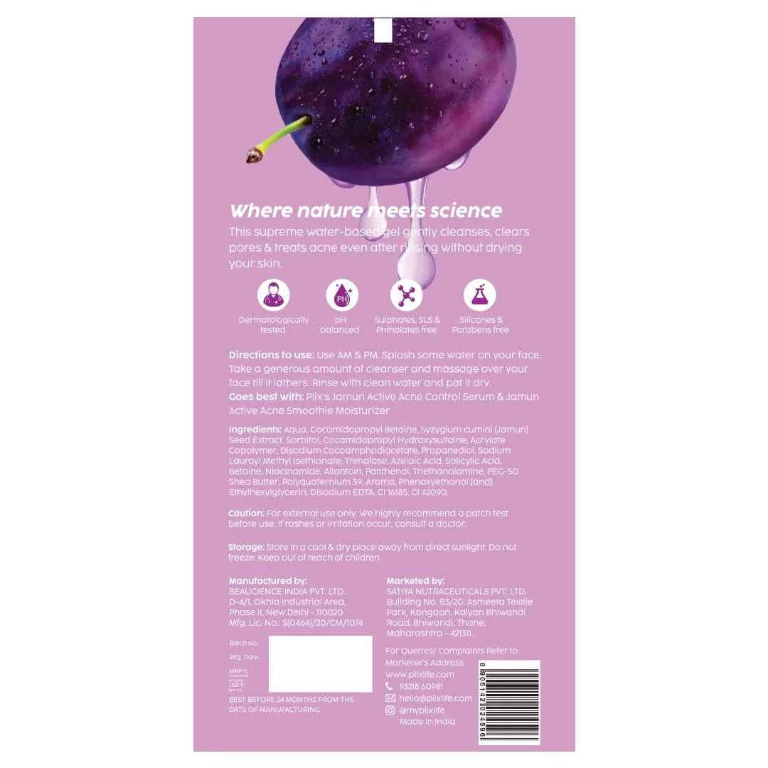 plix jamun active acne juicy cleanser – salicylic acid, betaine & azelaic acid (100ml) - gehna official