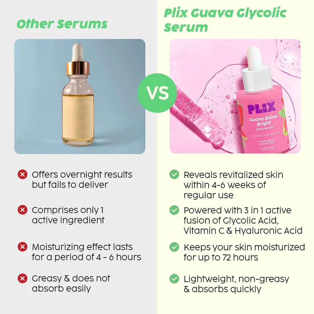 plix guava shine bright dewy serum | 3% glycolic acid & vitamin c | for dark spots & glow - gehna official
