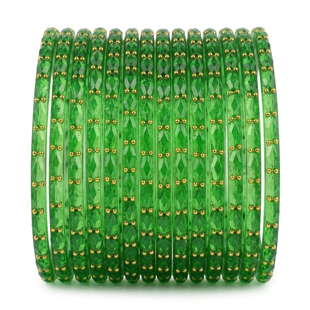 Raindrop Glass Bangles With Golden Beads, Traditional Indian Glass Chudi Set