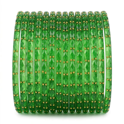 Raindrop Glass Bangles With Golden Beads, Traditional Indian Glass Chudi Set